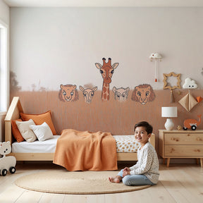 Safari animals mural wallpaper with giraffe and lions in modern nursery room by Kids-Mundo