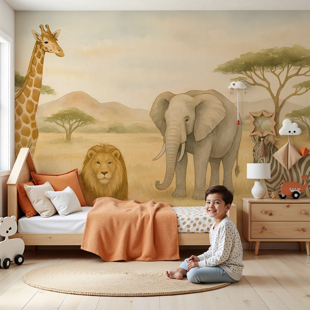 Safari animals mural wallpaper with elephant, lion, giraffe and zebra in modern nursery by Kids-Mundo
