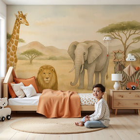 Safari animals mural wallpaper with elephant, lion, giraffe and zebra in modern nursery by Kids-Mundo