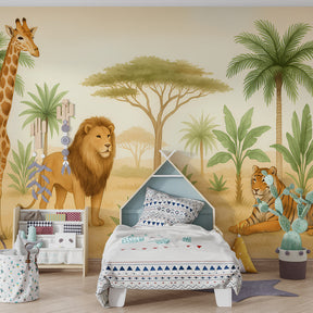 Majestic wildlife mural wallpaper creating adventurous nursery decor with safari theme
