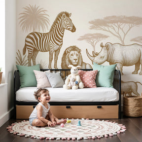 Safari animals mural wallpaper with lion and zebra in sepia tones for kids bedroom by Kids-Mundo