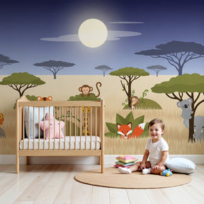 Safari animals mural wallpaper creating adventurous nursery decor with golden savanna theme by Kids-Mundo
