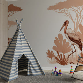 African savanna wallpaper creating adventure-themed nursery with leopard and flamingo design