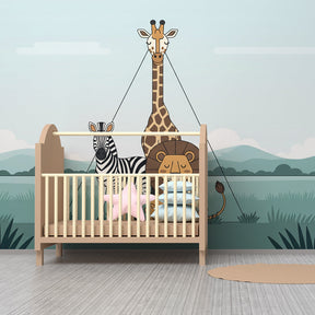 Safari themed nursery featuring gentle animals wallpaper with pastel colors and natural decor
