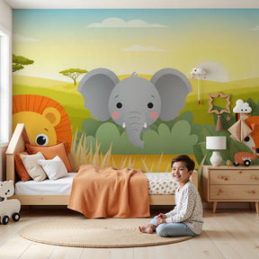 Safari animals mural wallpaper creating adventure-themed nursery with lion, elephant and fox by Kids-Mundo