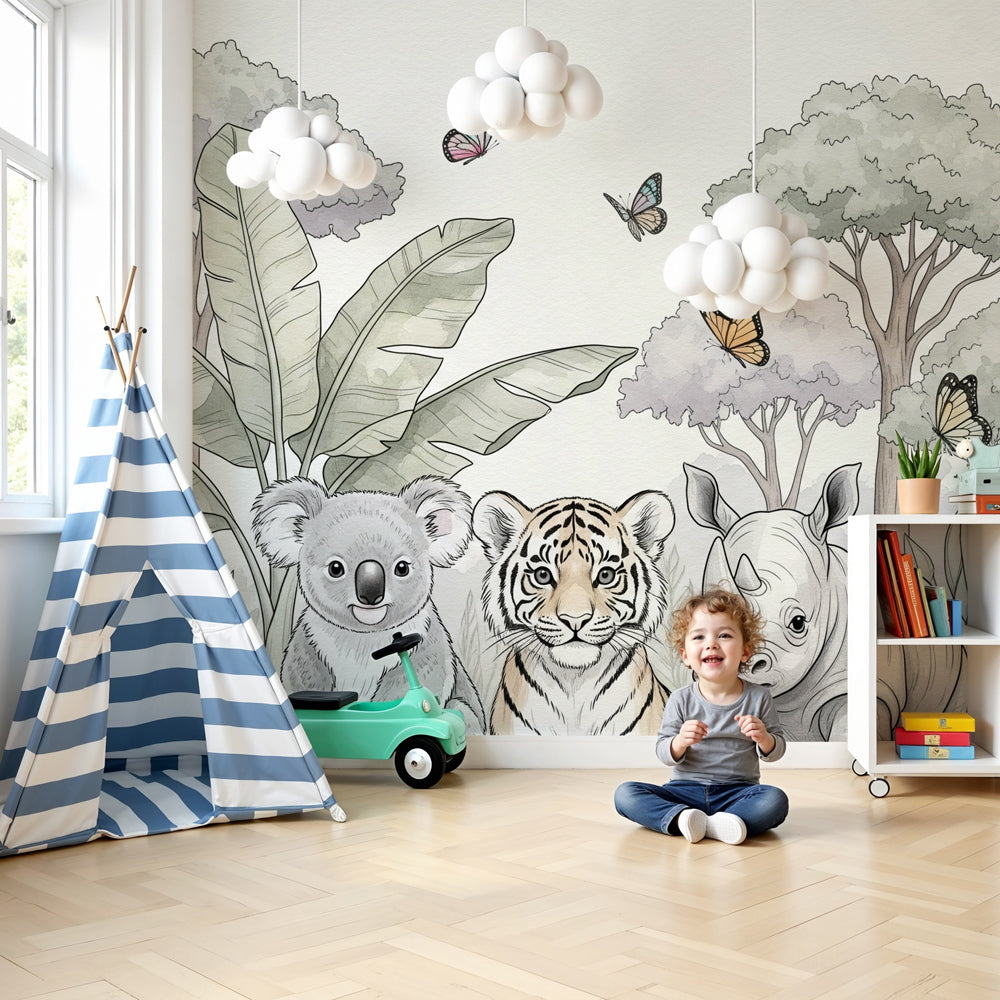 Safari animals mural wallpaper with koala, tiger and rhinoceros in modern nursery room by Kids-Mundo
