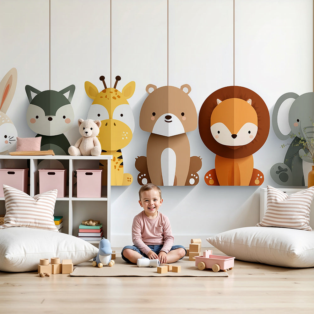 Safari animals mural wallpaper with hanging mobile design in modern nursery room by Kids-Mundo