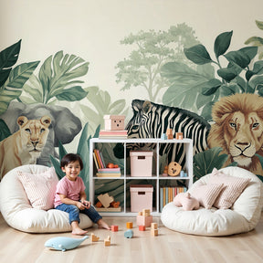 Safari animals mural wallpaper with lions and zebra in modern nursery room by Kids-Mundo
