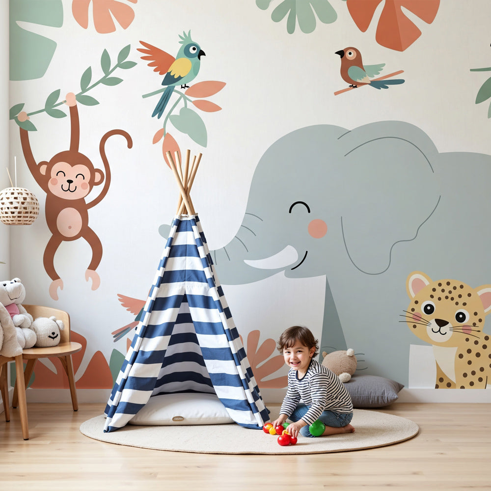 Safari animals mural wallpaper with elephant and monkey in modern nursery by Kids-Mundo