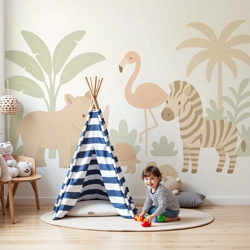 Safari animals mural wallpaper with zebra and rhino decorating modern kids nursery by Kids-Mundo