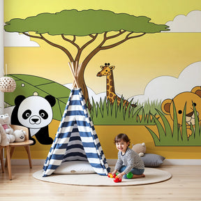 Safari animals mural wallpaper featuring panda and giraffe in bright nursery by Kids-Mundo