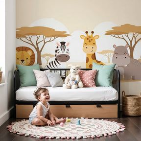 Safari animals mural wallpaper creating warm nursery decor with friendly savanna creatures by Kids-Mundo