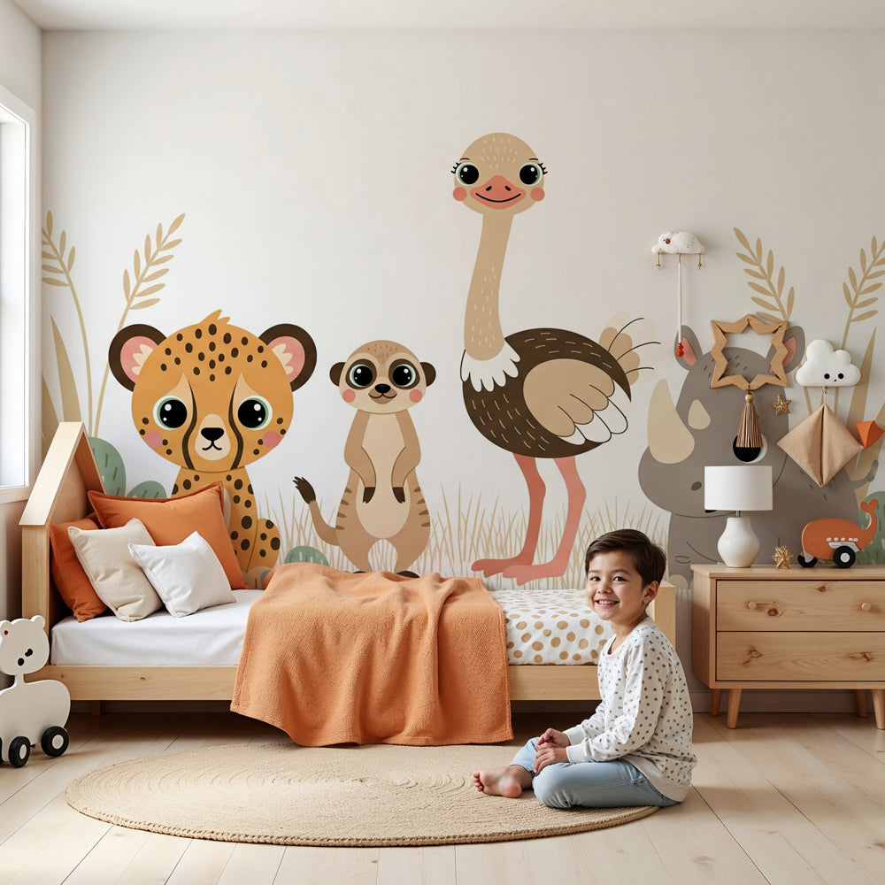 Safari animals mural wallpaper in modern nursery with wooden crib by Kids-Mundo
