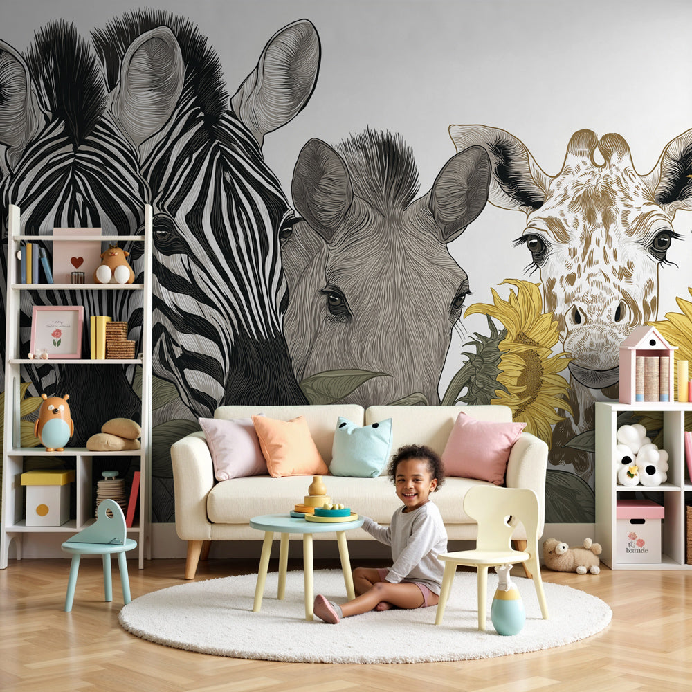 Safari animals mural wallpaper with zebras and giraffes in modern nursery by Kids-Mundo