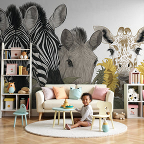 Safari animals mural wallpaper with zebras and giraffes in modern nursery by Kids-Mundo