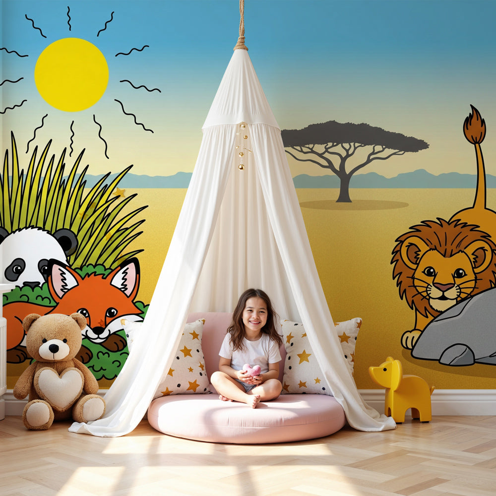 Safari animals mural wallpaper creating adventurous nursery decor with lion, fox and panda by Kids-Mundo
