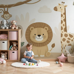 Safari animals mural wallpaper with lion elephant giraffe in peaceful nursery setting by Kids-Mundo