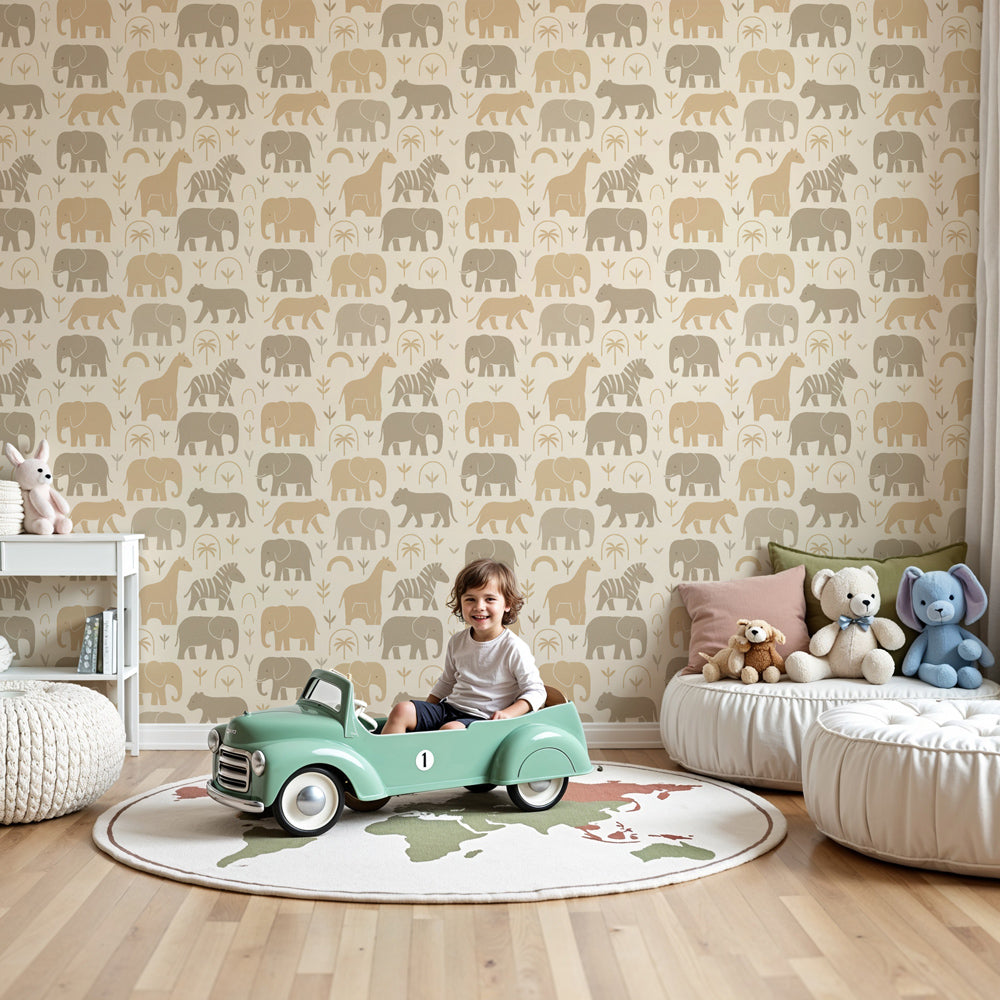 Safari animals mural wallpaper creating peaceful nursery with elephants and zebras by Kids-Mundo