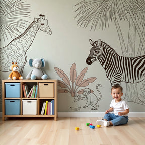 Safari animals mural wallpaper with giraffe and zebra in modern nursery by Kids-Mundo