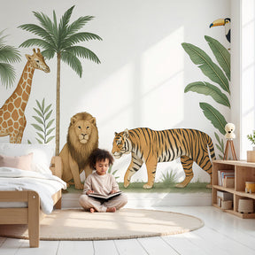 Safari animals mural wallpaper with lions and giraffes in modern nursery by Kids-Mundo