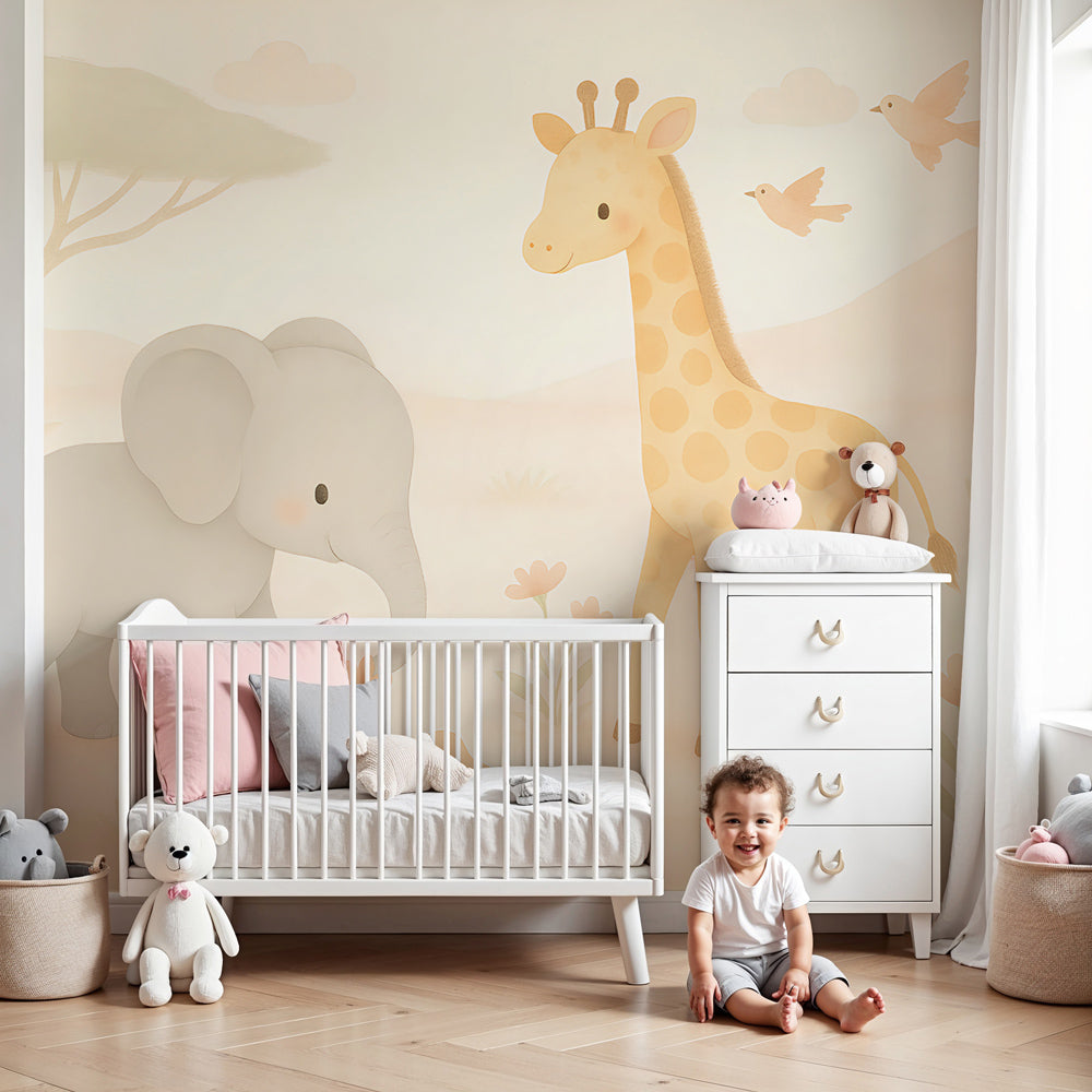 Safari animals mural wallpaper with elephant and giraffe in modern nursery room by Kids-Mundo