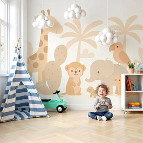 Safari animals mural wallpaper in modern nursery with natural wood furniture by Kids-Mundo
