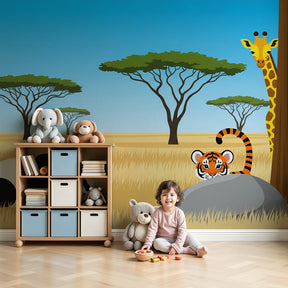 Safari animals mural wallpaper with panda, tiger and giraffe in modern kids nursery by Kids-Mundo