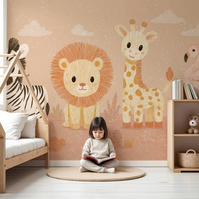 Safari animals mural wallpaper with zebra lion giraffe flamingo in modern nursery by Kids-Mundo