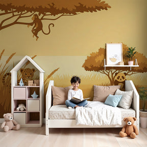 Safari animals mural wallpaper creating magical nursery decor with golden savanna theme by Kids-Mundo