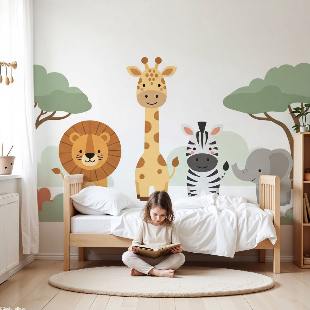 Safari animals mural wallpaper with lion, giraffe, zebra and elephant in modern nursery by Kids-Mundo