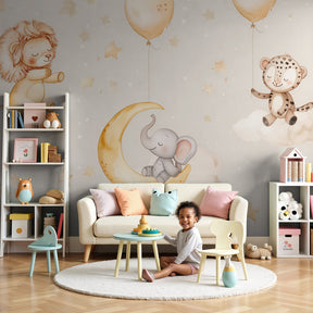 Safari animals mural wallpaper with clouds and stars in peaceful nursery setting by Kids-Mundo