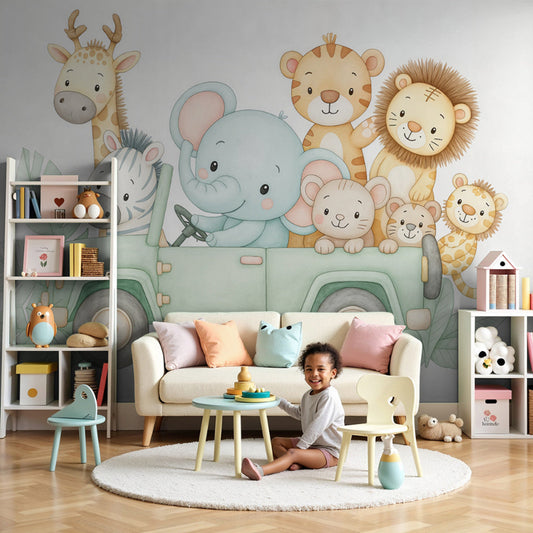 Safari animals mural wallpaper with adventure car theme decorating modern kids nursery by Kids-Mundo
