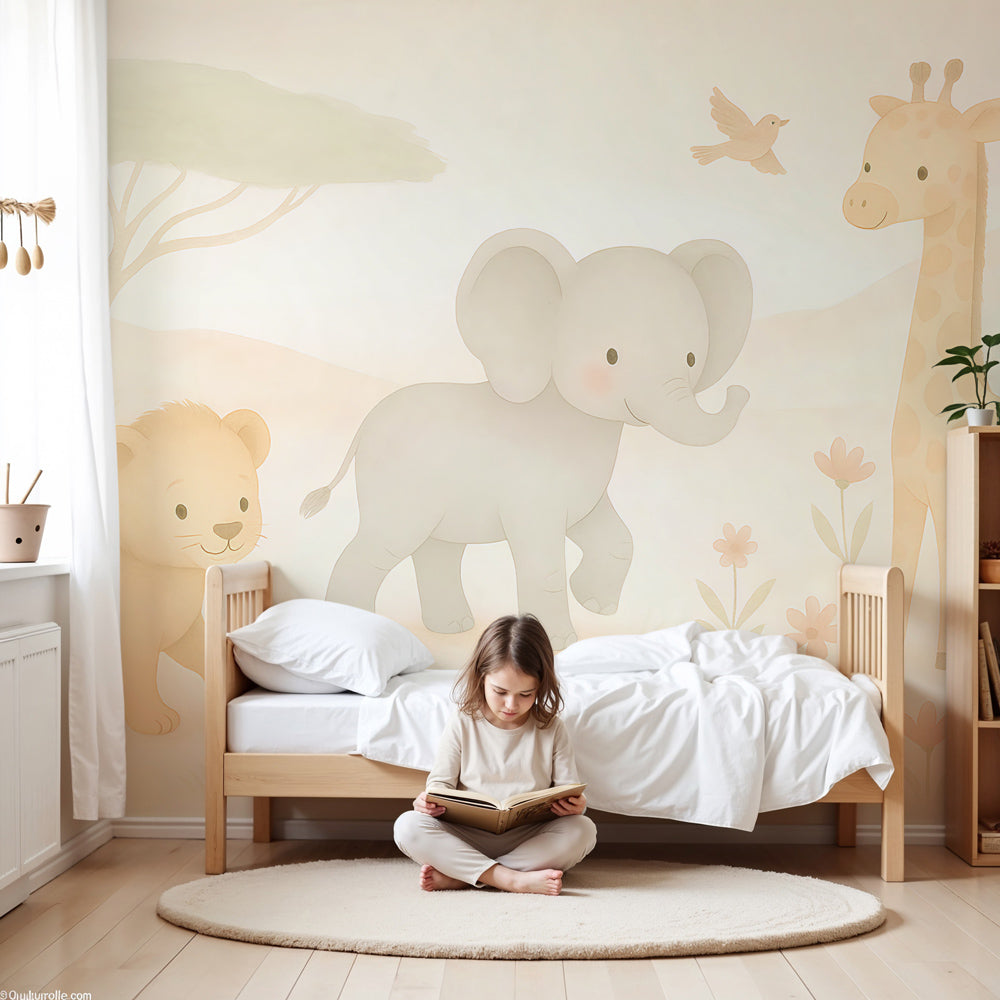 Safari animals mural wallpaper with pastel lion and elephant in modern nursery by Kids-Mundo