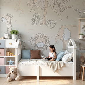 Safari animals mural wallpaper creating peaceful nursery decor with soft pastel tones by Kids-Mundo