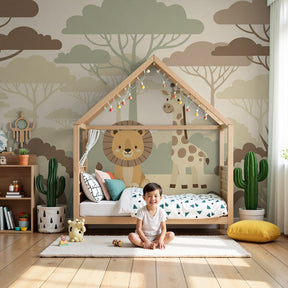 Safari animals mural wallpaper with friendly lion and giraffe in modern nursery by Kids-Mundo