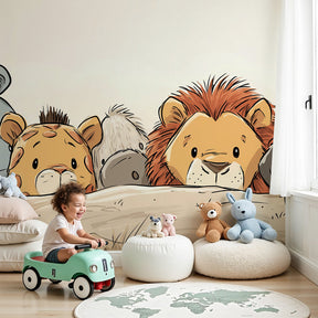 Safari animals mural wallpaper creating cozy nursery atmosphere with playful lion and giraffe by Kids-Mundo