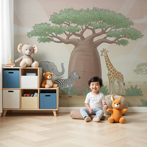 Safari animals mural wallpaper with elephant zebra giraffe in modern nursery by Kids-Mundo