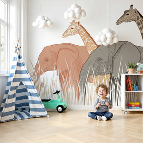 Safari animals mural wallpaper with elephants and giraffes in modern kids nursery by Kids-Mundo