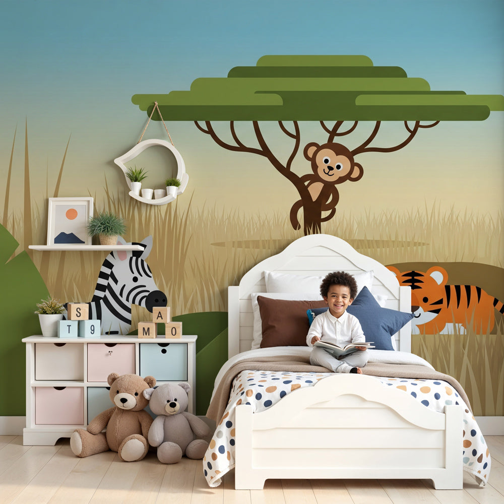 Safari animals mural wallpaper in modern nursery with zebra and tiger cub design by Kids-Mundo