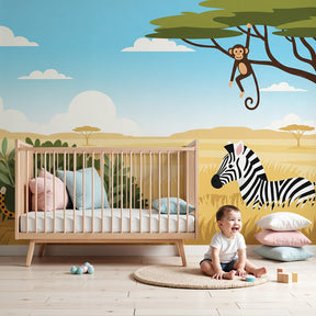 Safari animals mural wallpaper with leopard, zebra and monkey in modern nursery by Kids-Mundo