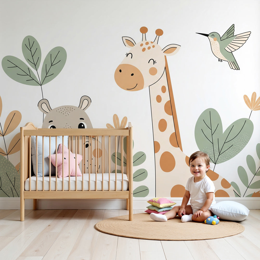 Safari animals mural wallpaper with hippo and giraffe in modern nursery room by Kids-Mundo