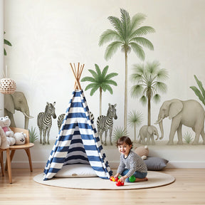 Safari animals mural wallpaper with elephants and zebras in modern nursery by Kids-Mundo