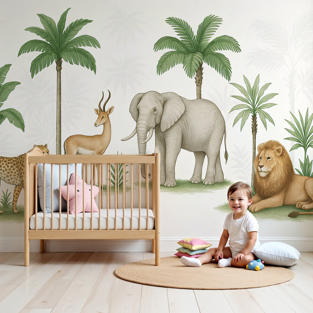 Safari animals mural wallpaper creating African adventure atmosphere in modern kids nursery by Kids-Mundo