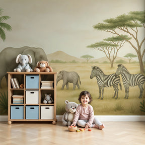 Safari animals mural wallpaper with elephants and zebras in modern nursery by Kids-Mundo