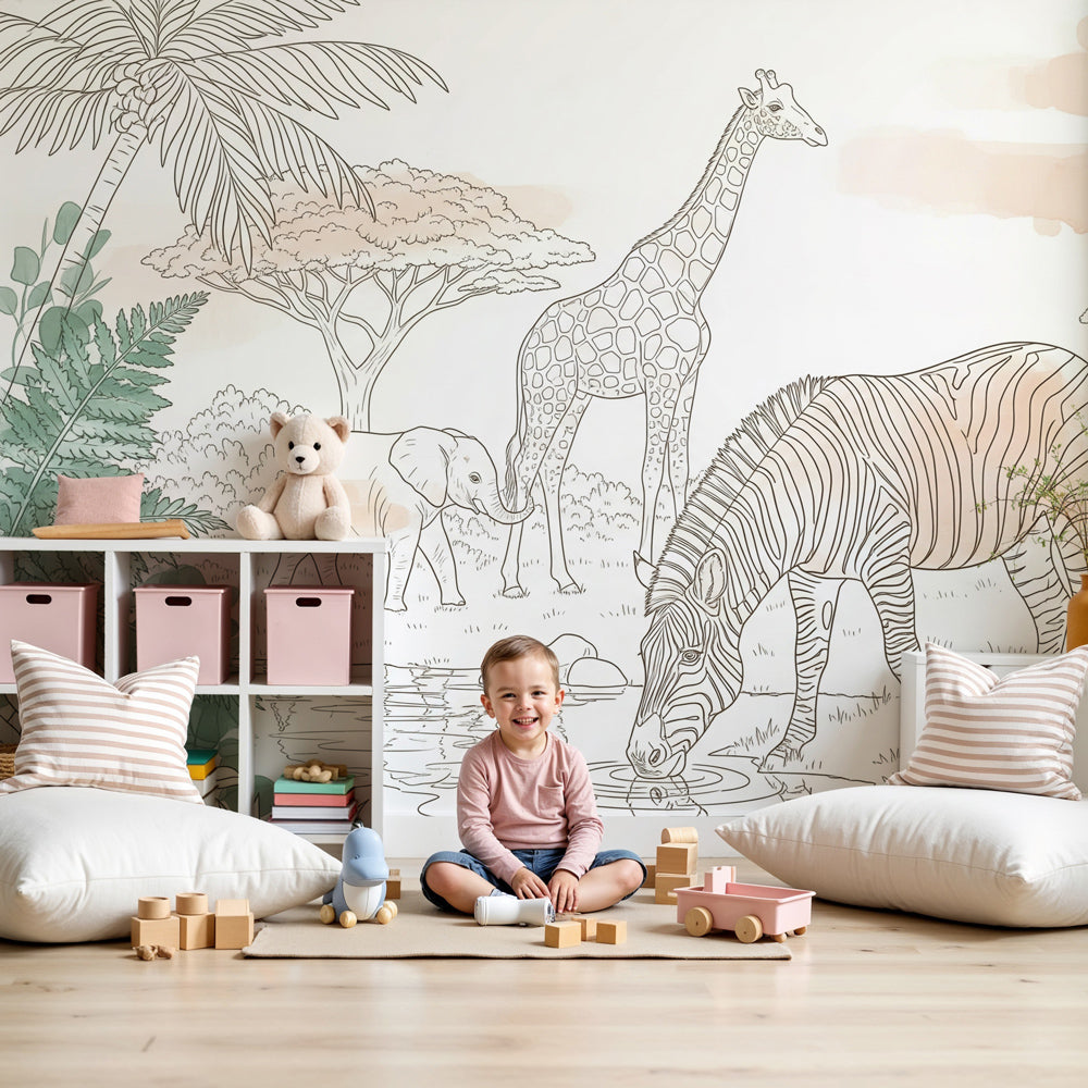 Safari animals mural wallpaper in modern nursery with giraffe zebra elephant by Kids-Mundo