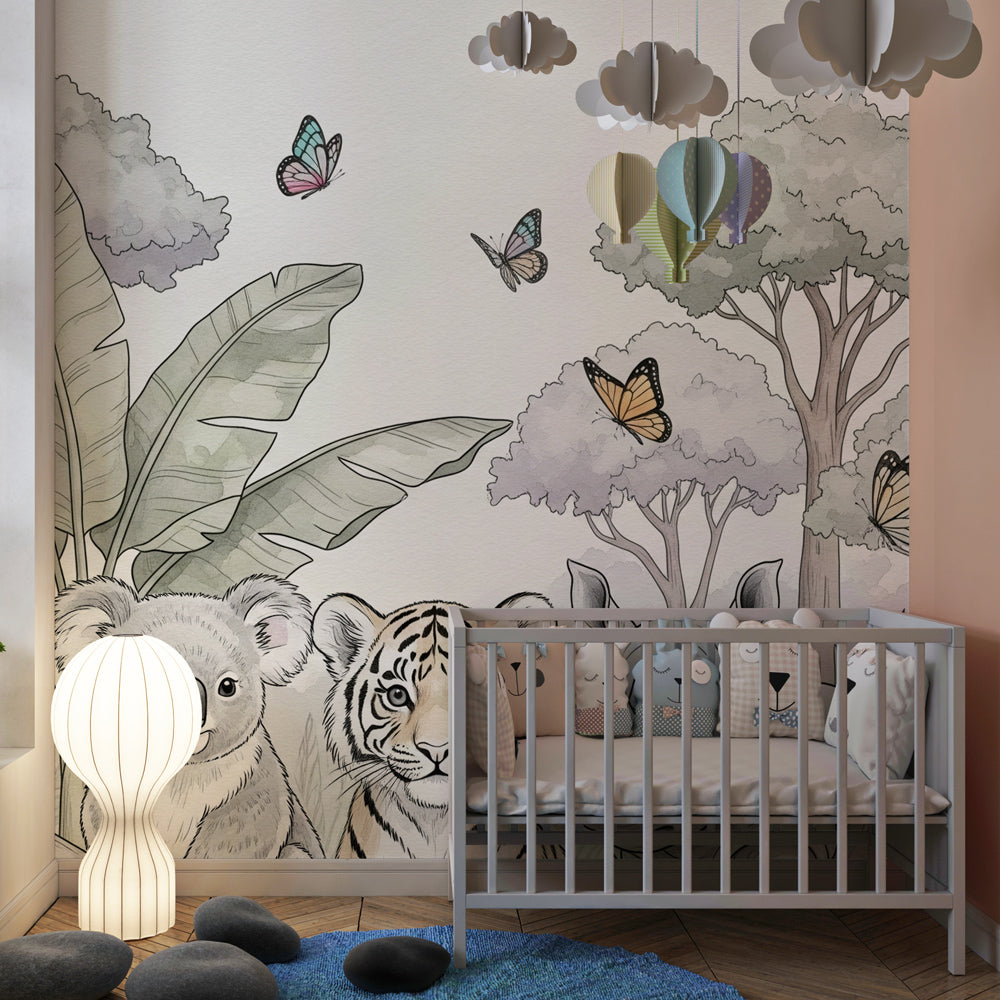 Safari wildlife wallpaper transforming children's playroom with colorful butterflies and lush vegetation
