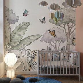 Safari wildlife wallpaper transforming children's playroom with colorful butterflies and lush vegetation