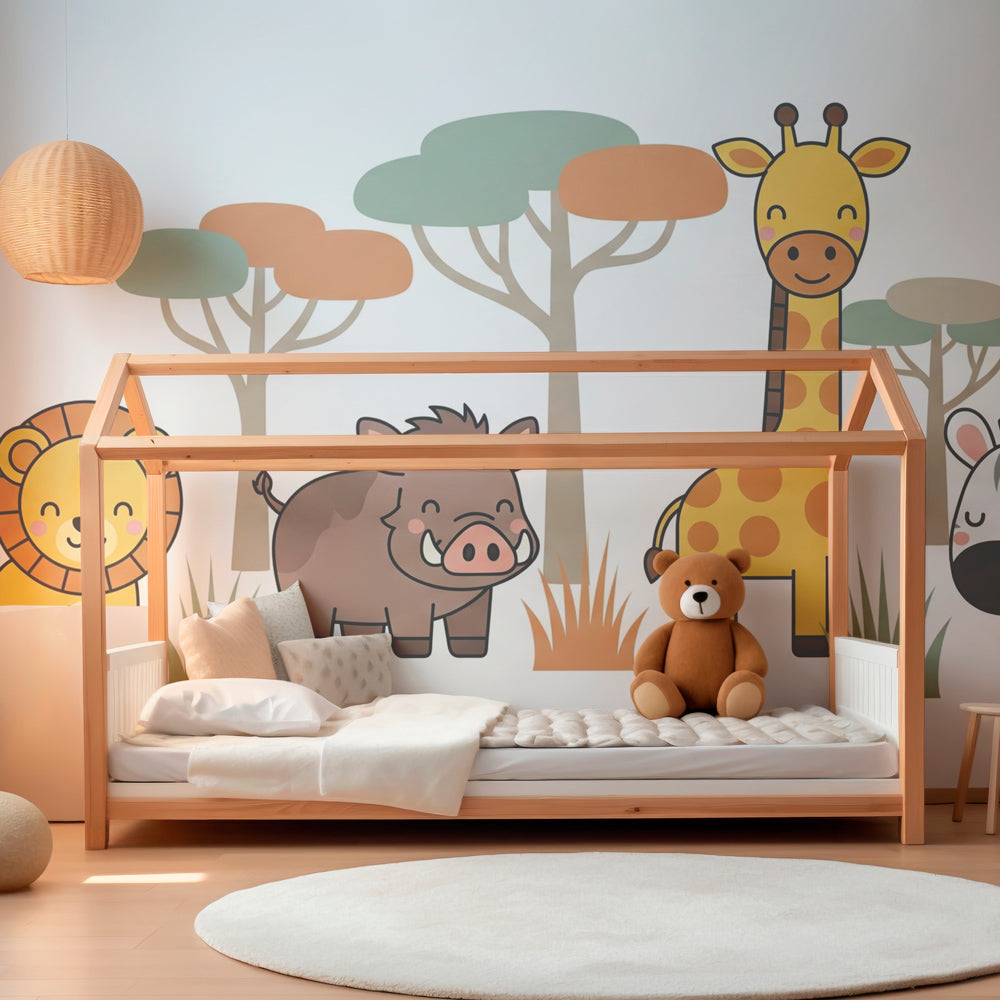 Children's safari themed mural wallpaper in colorful playroom setting by Kids-Mundo