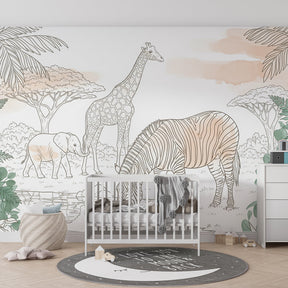 Safari theme mural wallpaper transforming children's playroom into African wildlife sanctuary