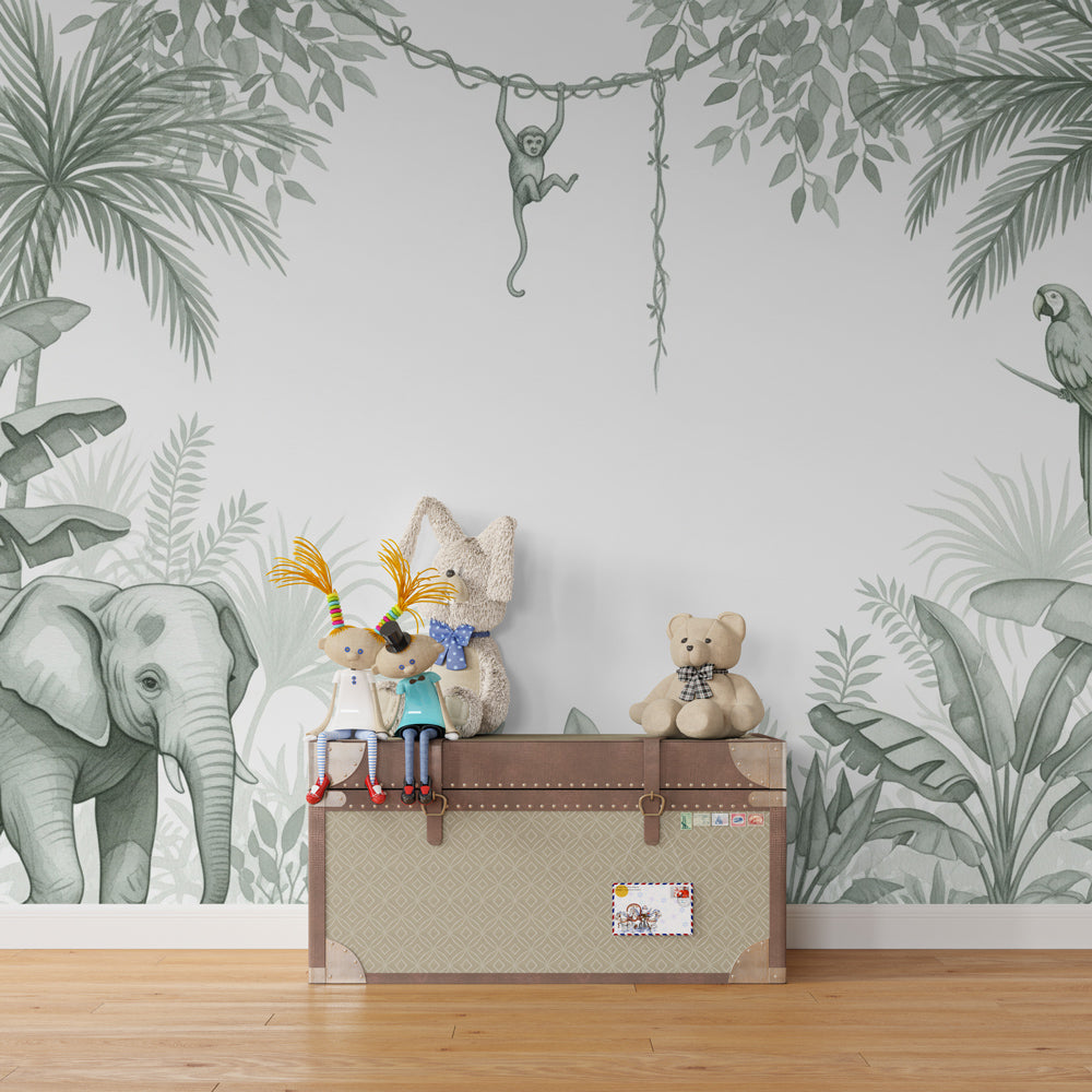 Safari themed mural wallpaper transforming children's playroom into tropical jungle